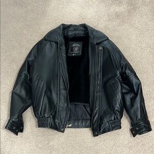 Varsity-Style Black Leather Bomber Jacket